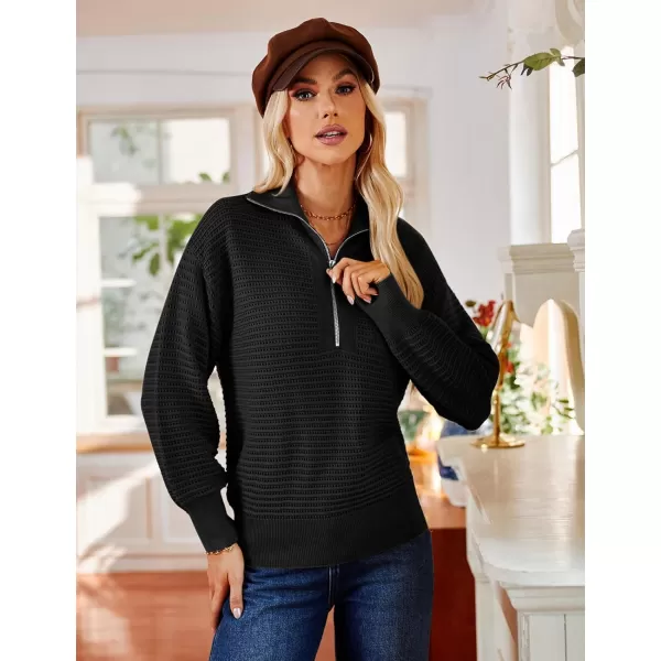 imageGRACE KARIN Womens 2024 Fall Half Zip Sweater Lapel Collar Waffle Knit Sweater Loose Casual Crochet Pullover TopsBlack