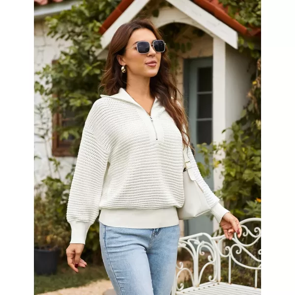 imageGRACE KARIN Womens 2024 Fall Half Zip Sweater Lapel Collar Waffle Knit Sweater Loose Casual Crochet Pullover TopsWhite