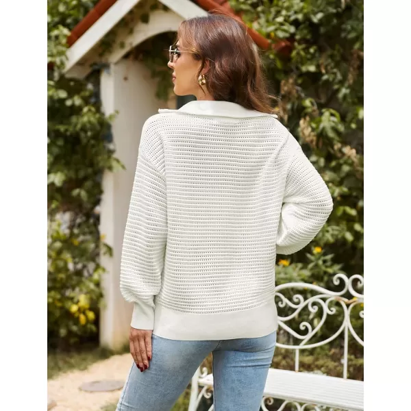 imageGRACE KARIN Womens 2024 Fall Half Zip Sweater Lapel Collar Waffle Knit Sweater Loose Casual Crochet Pullover TopsWhite