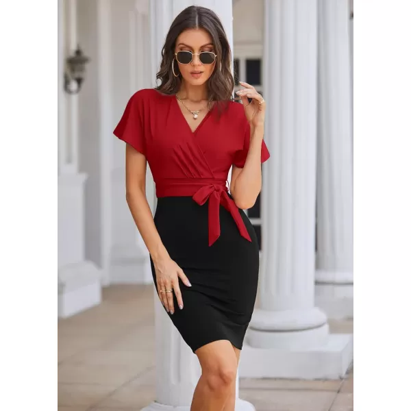 imageGRACE KARIN Womens Business Pencil Dress Short Sleeve Wedding Guest Office Work Dresses Cocktail PartyRedblack