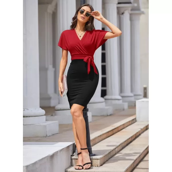 imageGRACE KARIN Womens Business Pencil Dress Short Sleeve Wedding Guest Office Work Dresses Cocktail PartyRedblack