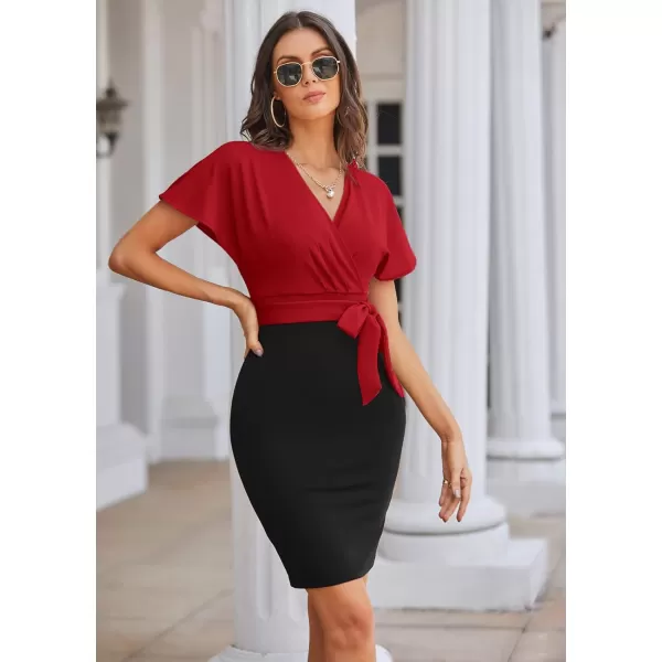 imageGRACE KARIN Womens Business Pencil Dress Short Sleeve Wedding Guest Office Work Dresses Cocktail PartyRedblack