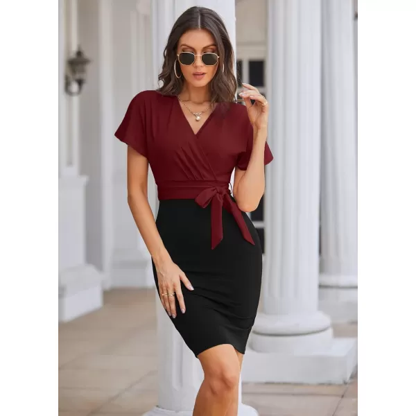 imageGRACE KARIN Womens Business Pencil Dress Short Sleeve Wedding Guest Office Work Dresses Cocktail PartyWine Red