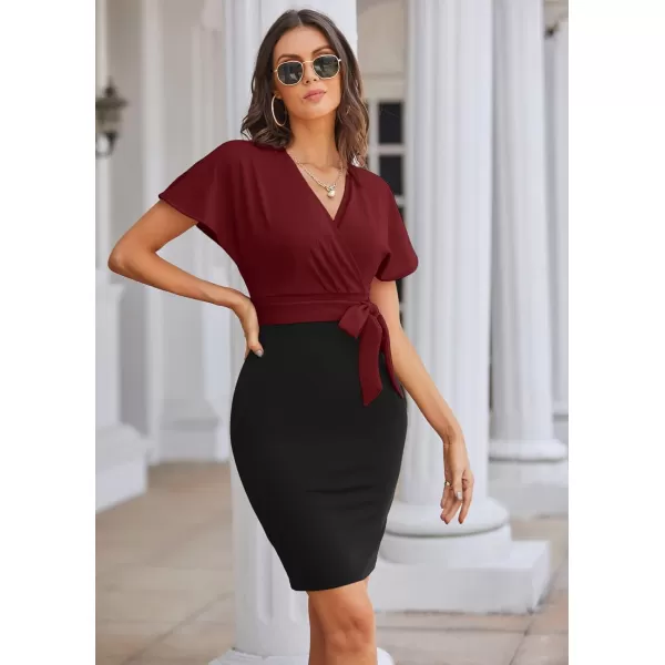 imageGRACE KARIN Womens Business Pencil Dress Short Sleeve Wedding Guest Office Work Dresses Cocktail PartyWine Red