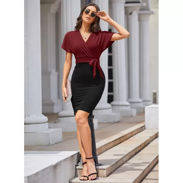 imageGRACE KARIN Womens Business Pencil Dress Short Sleeve Wedding Guest Office Work Dresses Cocktail PartyWine Red