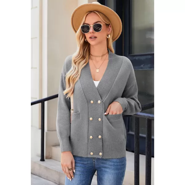 imageGRACE KARIN Womens Cardigan Sweaters V Neck Gold Buttons Double Breasted Knit Cardigans Outwear with PocketsGray