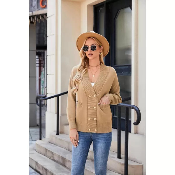 imageGRACE KARIN Womens Cardigan Sweaters V Neck Gold Buttons Double Breasted Knit Cardigans Outwear with PocketsKhaki