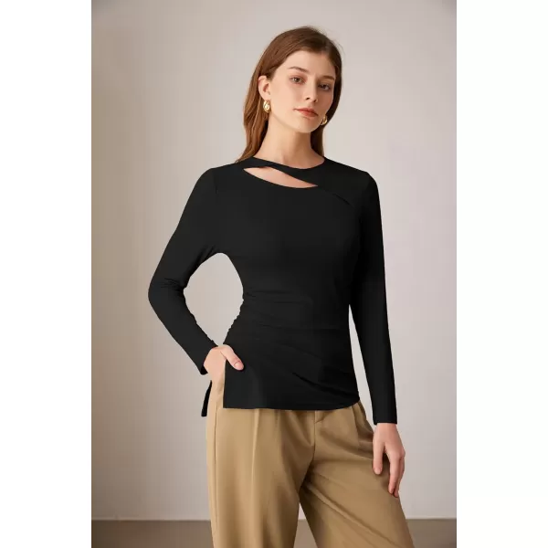 imageGRACE KARIN Womens Crewneck Cutout Long Sleeve Tops Twist Fitted Ruched Slit Asymmetrical Hem TShirts Tees Fall Tunic TopBlack