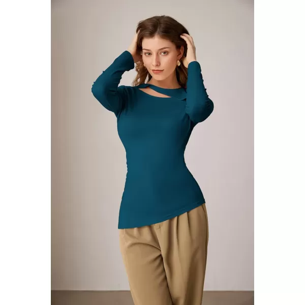 imageGRACE KARIN Womens Crewneck Cutout Long Sleeve Tops Twist Fitted Ruched Slit Asymmetrical Hem TShirts Tees Fall Tunic TopBlue Green