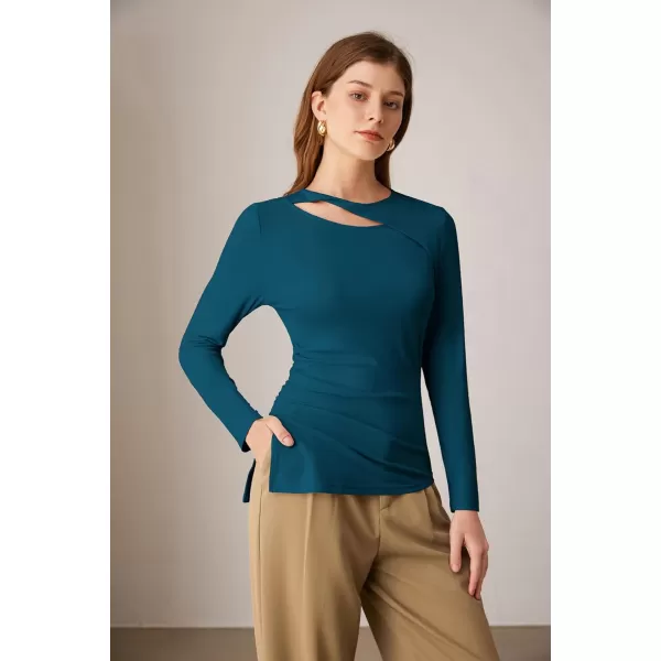 imageGRACE KARIN Womens Crewneck Cutout Long Sleeve Tops Twist Fitted Ruched Slit Asymmetrical Hem TShirts Tees Fall Tunic TopBlue Green