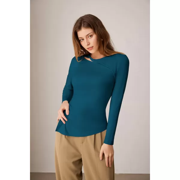 imageGRACE KARIN Womens Crewneck Cutout Long Sleeve Tops Twist Fitted Ruched Slit Asymmetrical Hem TShirts Tees Fall Tunic TopBlue Green