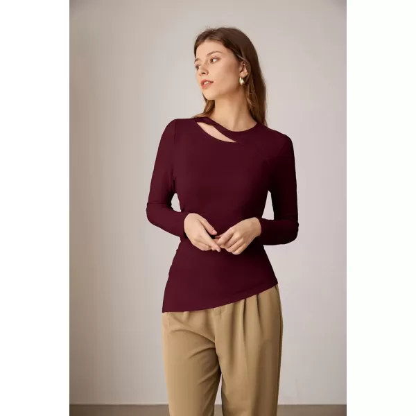 imageGRACE KARIN Womens Crewneck Cutout Long Sleeve Tops Twist Fitted Ruched Slit Asymmetrical Hem TShirts Tees Fall Tunic TopWine Red