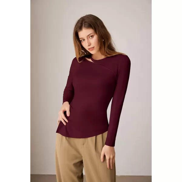 imageGRACE KARIN Womens Crewneck Cutout Long Sleeve Tops Twist Fitted Ruched Slit Asymmetrical Hem TShirts Tees Fall Tunic TopWine Red