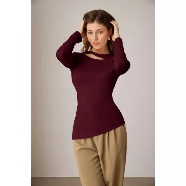 imageGRACE KARIN Womens Crewneck Cutout Long Sleeve Tops Twist Fitted Ruched Slit Asymmetrical Hem TShirts Tees Fall Tunic TopWine Red