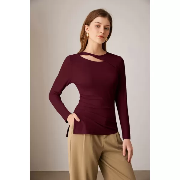 imageGRACE KARIN Womens Crewneck Cutout Long Sleeve Tops Twist Fitted Ruched Slit Asymmetrical Hem TShirts Tees Fall Tunic TopWine Red