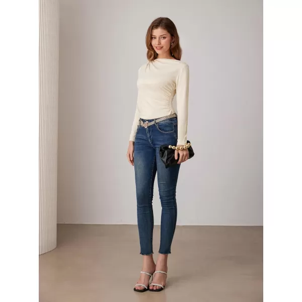 imageGRACE KARIN Womens Long Sleeve Ruched Tops Boat Neck Slim Fit Casual Going Out Blouses 2024 Fall Trendy Tight ShirtsApricot