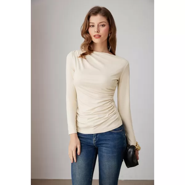 imageGRACE KARIN Womens Long Sleeve Ruched Tops Boat Neck Slim Fit Casual Going Out Blouses 2024 Fall Trendy Tight ShirtsApricot