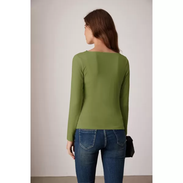 imageGRACE KARIN Womens Long Sleeve Ruched Tops Boat Neck Slim Fit Casual Going Out Blouses 2024 Fall Trendy Tight ShirtsArmy Green