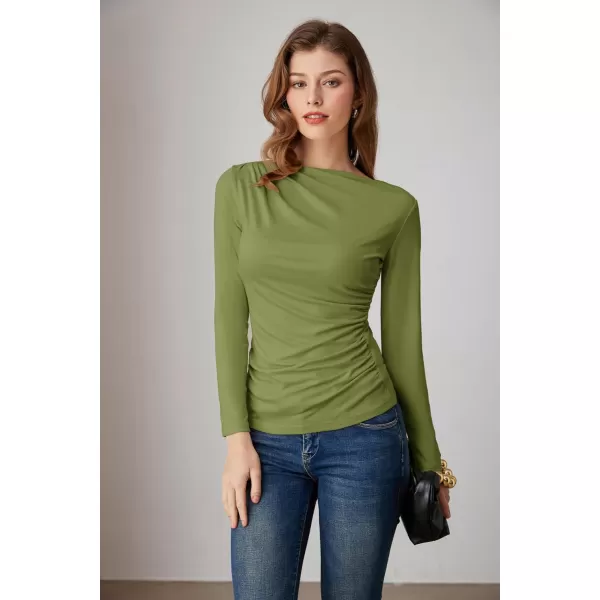 imageGRACE KARIN Womens Long Sleeve Ruched Tops Boat Neck Slim Fit Casual Going Out Blouses 2024 Fall Trendy Tight ShirtsArmy Green