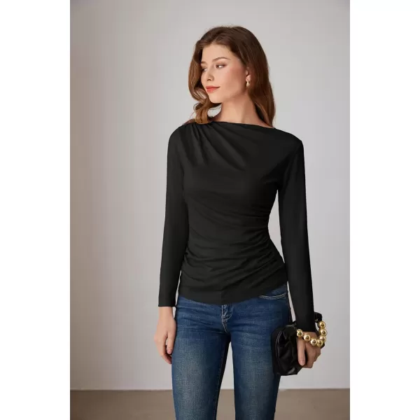 imageGRACE KARIN Womens Long Sleeve Ruched Tops Boat Neck Slim Fit Casual Going Out Blouses 2024 Fall Trendy Tight ShirtsBlack