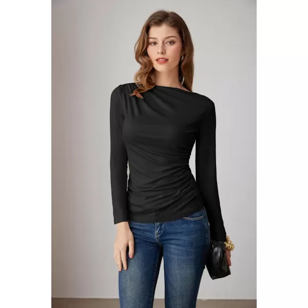 imageGRACE KARIN Womens Long Sleeve Ruched Tops Boat Neck Slim Fit Casual Going Out Blouses 2024 Fall Trendy Tight ShirtsBlack