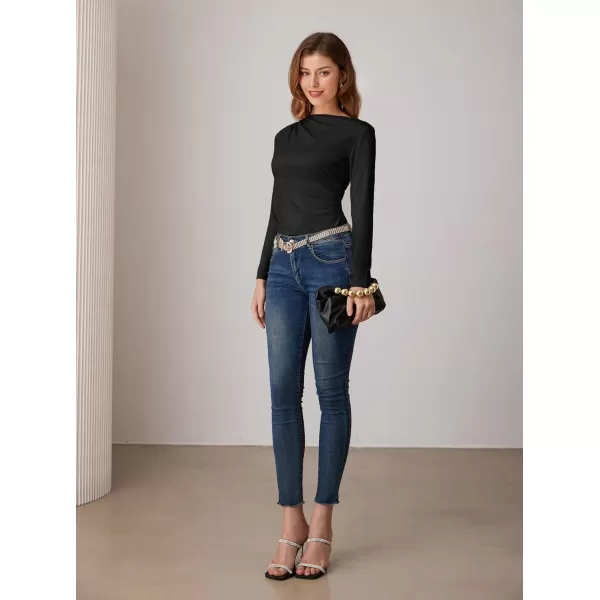 imageGRACE KARIN Womens Long Sleeve Ruched Tops Boat Neck Slim Fit Casual Going Out Blouses 2024 Fall Trendy Tight ShirtsBlack