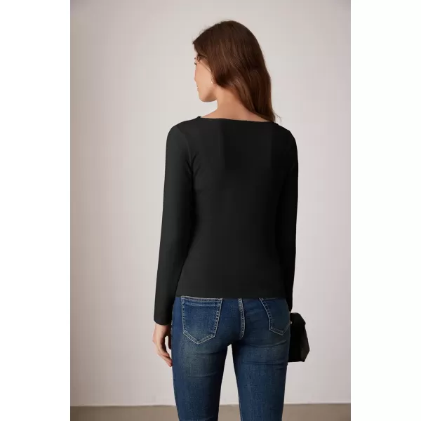 imageGRACE KARIN Womens Long Sleeve Ruched Tops Boat Neck Slim Fit Casual Going Out Blouses 2024 Fall Trendy Tight ShirtsBlack