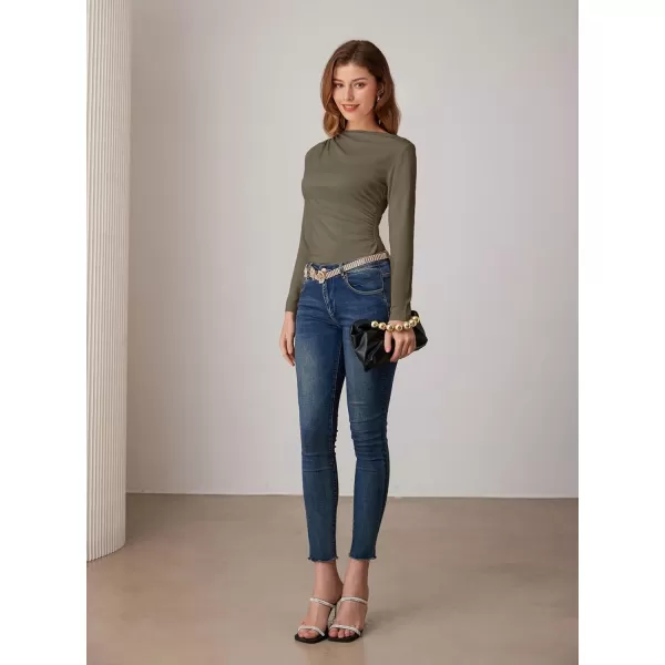 imageGRACE KARIN Womens Long Sleeve Ruched Tops Boat Neck Slim Fit Casual Going Out Blouses 2024 Fall Trendy Tight ShirtsBrown