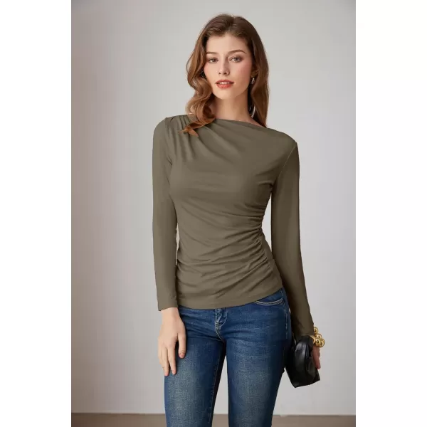imageGRACE KARIN Womens Long Sleeve Ruched Tops Boat Neck Slim Fit Casual Going Out Blouses 2024 Fall Trendy Tight ShirtsBrown