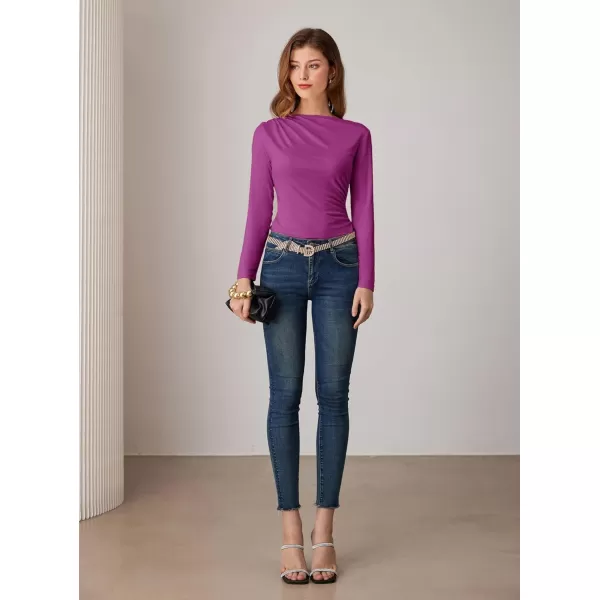imageGRACE KARIN Womens Long Sleeve Ruched Tops Boat Neck Slim Fit Casual Going Out Blouses 2024 Fall Trendy Tight ShirtsDark Rose Red