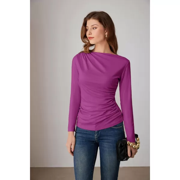 imageGRACE KARIN Womens Long Sleeve Ruched Tops Boat Neck Slim Fit Casual Going Out Blouses 2024 Fall Trendy Tight ShirtsDark Rose Red