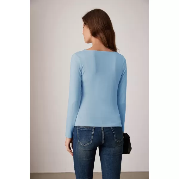 imageGRACE KARIN Womens Long Sleeve Ruched Tops Boat Neck Slim Fit Casual Going Out Blouses 2024 Fall Trendy Tight ShirtsHaze Blue