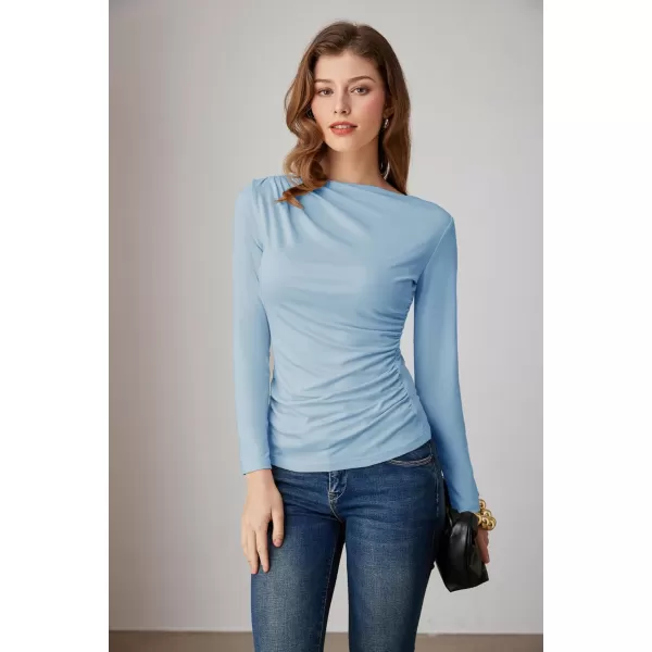 imageGRACE KARIN Womens Long Sleeve Ruched Tops Boat Neck Slim Fit Casual Going Out Blouses 2024 Fall Trendy Tight ShirtsHaze Blue