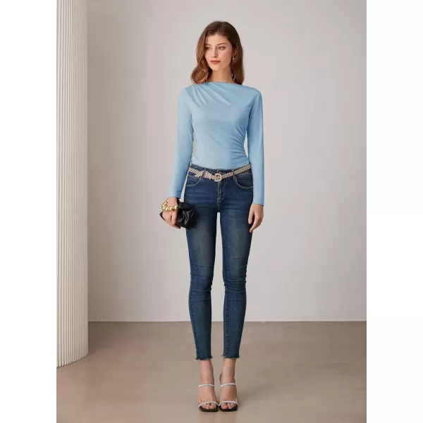 imageGRACE KARIN Womens Long Sleeve Ruched Tops Boat Neck Slim Fit Casual Going Out Blouses 2024 Fall Trendy Tight ShirtsHaze Blue