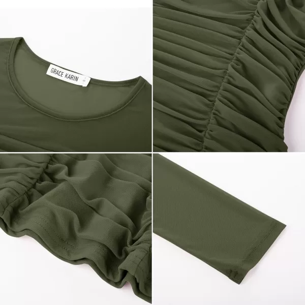 imageGRACE KARIN Womens Mesh Top Crew Neck Long Sleeve Shirts Sheer Ruched Trendy Going Out Tops BlousesArmy Green