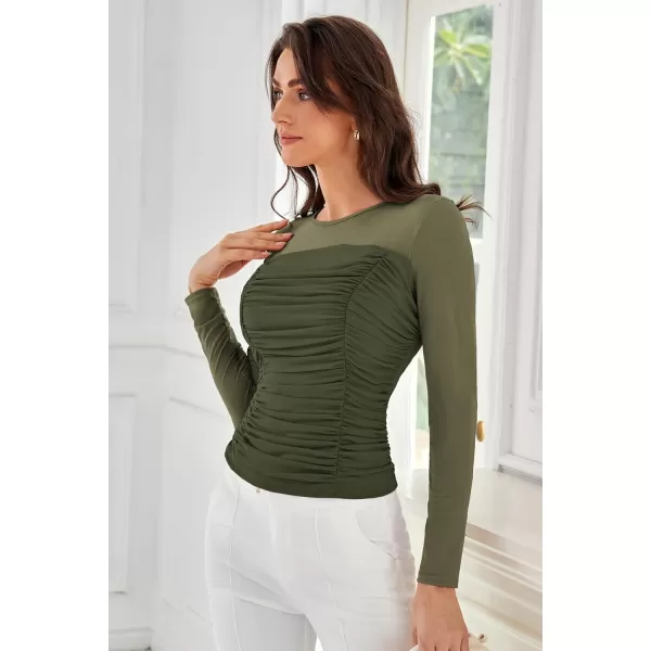 imageGRACE KARIN Womens Mesh Top Crew Neck Long Sleeve Shirts Sheer Ruched Trendy Going Out Tops BlousesArmy Green