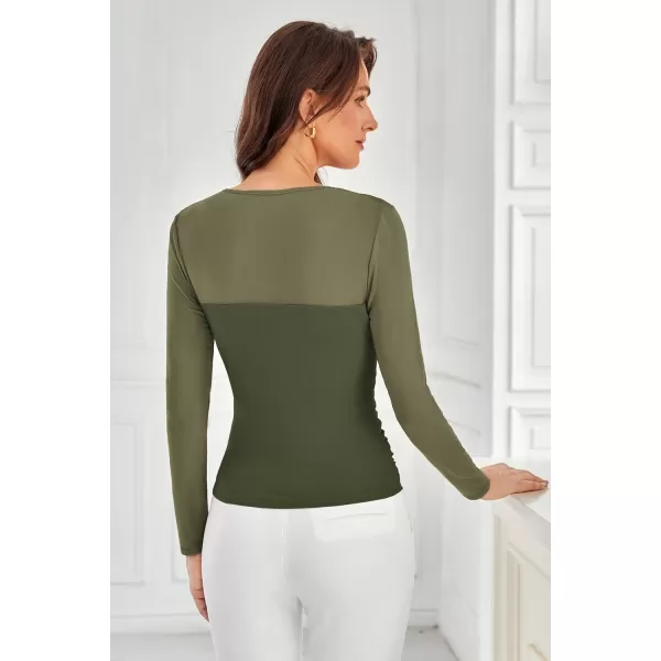 imageGRACE KARIN Womens Mesh Top Crew Neck Long Sleeve Shirts Sheer Ruched Trendy Going Out Tops BlousesArmy Green