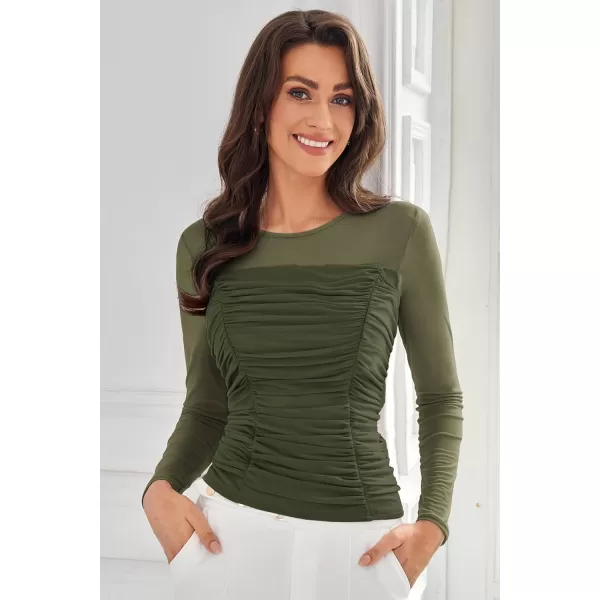 imageGRACE KARIN Womens Mesh Top Crew Neck Long Sleeve Shirts Sheer Ruched Trendy Going Out Tops BlousesArmy Green