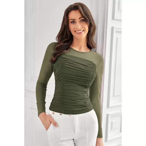 imageGRACE KARIN Womens Mesh Top Crew Neck Long Sleeve Shirts Sheer Ruched Trendy Going Out Tops BlousesArmy Green