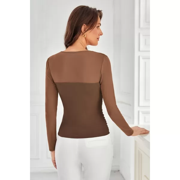 imageGRACE KARIN Womens Mesh Top Crew Neck Long Sleeve Shirts Sheer Ruched Trendy Going Out Tops BlousesBrown