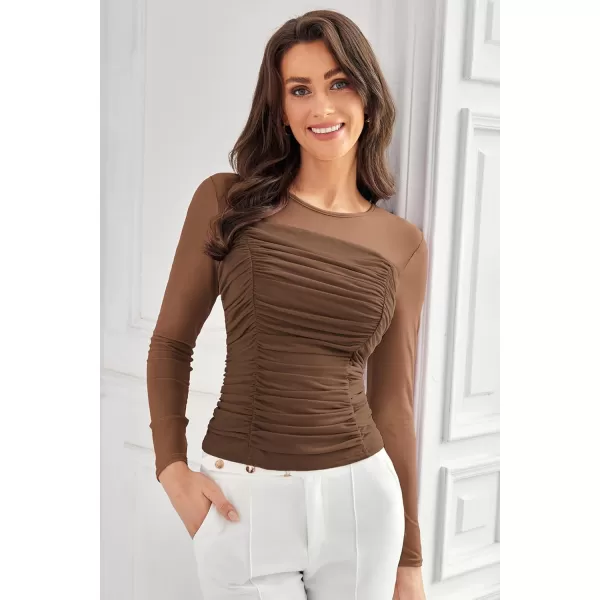 imageGRACE KARIN Womens Mesh Top Crew Neck Long Sleeve Shirts Sheer Ruched Trendy Going Out Tops BlousesBrown