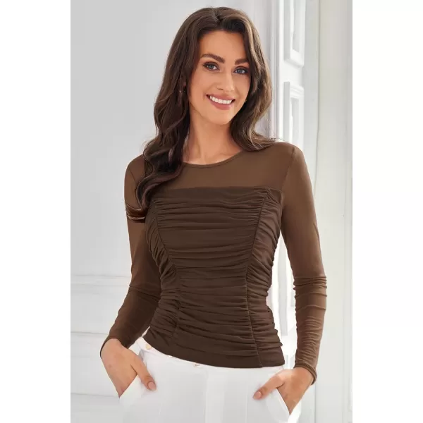 imageGRACE KARIN Womens Mesh Top Crew Neck Long Sleeve Shirts Sheer Ruched Trendy Going Out Tops BlousesBrown