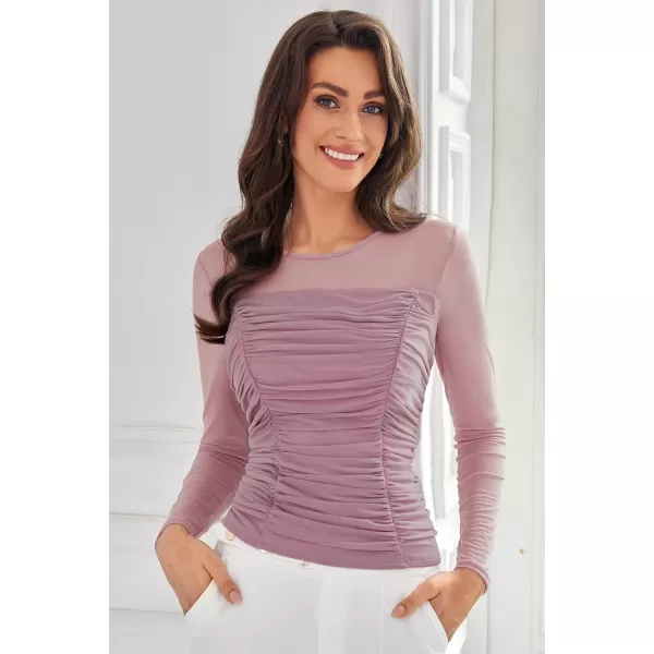 imageGRACE KARIN Womens Mesh Top Crew Neck Long Sleeve Shirts Sheer Ruched Trendy Going Out Tops BlousesLilac