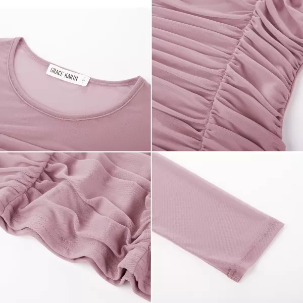 imageGRACE KARIN Womens Mesh Top Crew Neck Long Sleeve Shirts Sheer Ruched Trendy Going Out Tops BlousesLilac