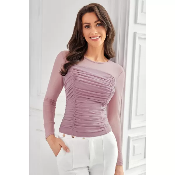 imageGRACE KARIN Womens Mesh Top Crew Neck Long Sleeve Shirts Sheer Ruched Trendy Going Out Tops BlousesLilac