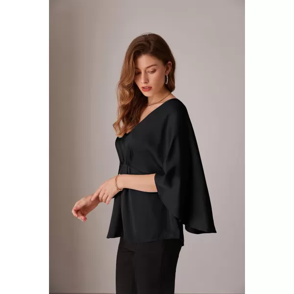 imageGRACE KARIN Womens Satin Silk Peplum Top 34 Batwing Sleeve Tops for Women Dressy Elgant Blouses TopsBlack