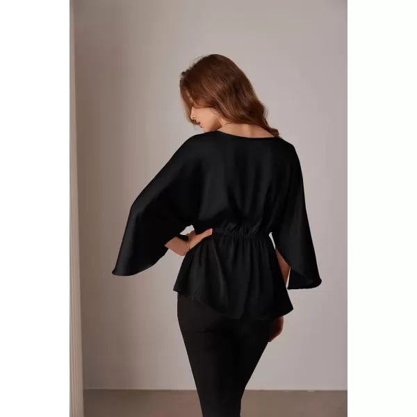 imageGRACE KARIN Womens Satin Silk Peplum Top 34 Batwing Sleeve Tops for Women Dressy Elgant Blouses TopsBlack