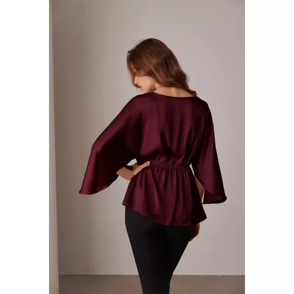 imageGRACE KARIN Womens Satin Silk Peplum Top 34 Batwing Sleeve Tops for Women Dressy Elgant Blouses TopsWine Red