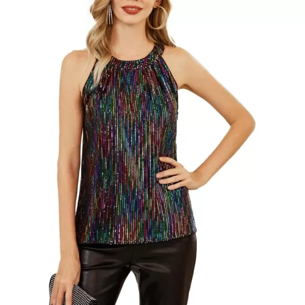 imageGRACE KARIN Sequin Halter Tops for Women Sleeveless Sparkly Shiny Tank Tops Ruched Flowy Sparkly Club Outfits Party ShirtMulticolorstripe