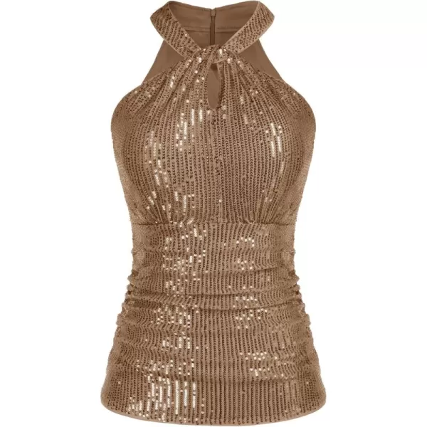 imageGRACE KARIN Sequin Tops for Women Elegant Tops Sparkle Tank Shimmer Party Club Cocktail Slim Fit Ruched TopsBrown